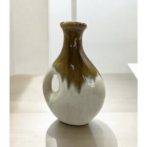 Mid Century Design Brown Drip Ceramic Vase with Handle 9.5 Inches